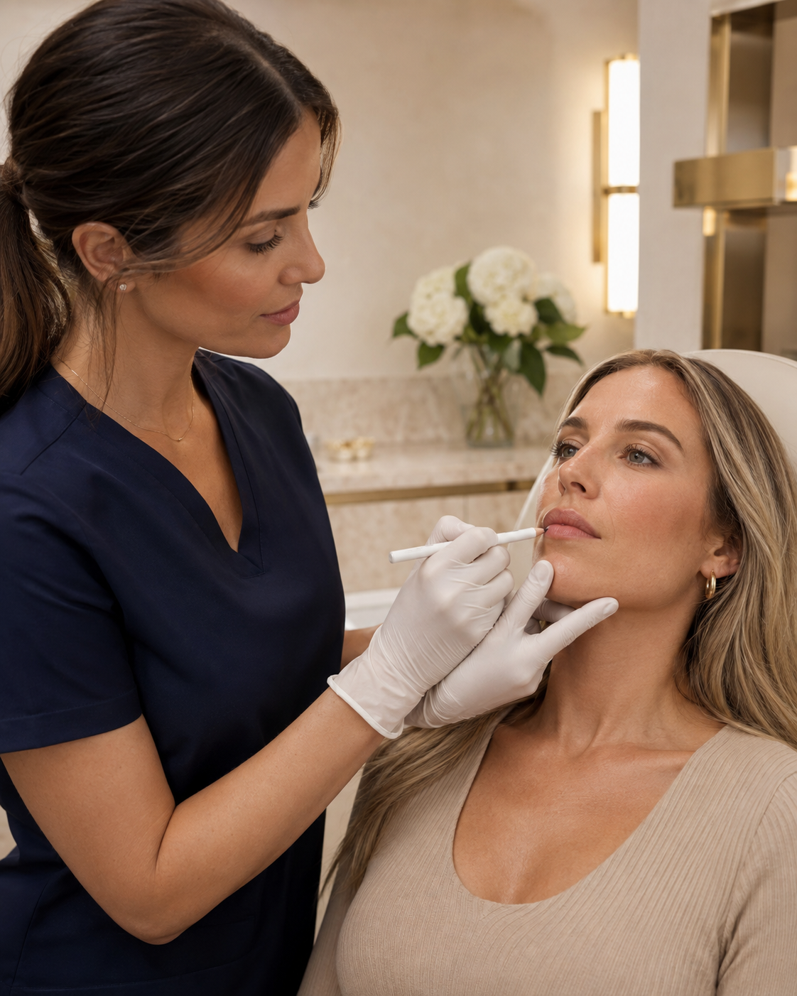 Provider performing lip filler consultation and lip mapping at JT Aesthetic & Co